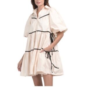 Black Sophie the Label Puff Sleeve Dress with White Accents